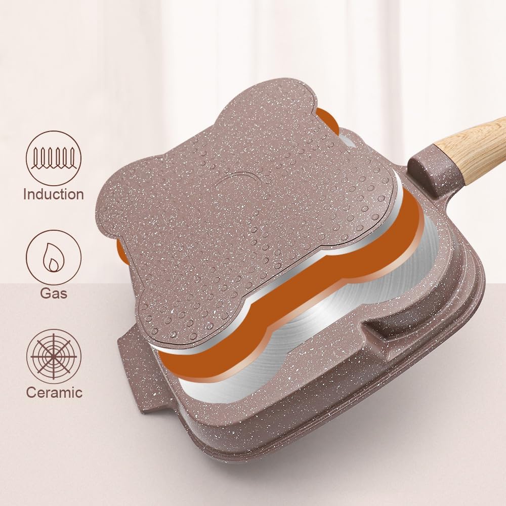 Spiegeleipfanne mit Deckel 3 Loch, 26cm Antihaft Keramikbeschichtung Grillpfanne Dreigeteilt Pancake