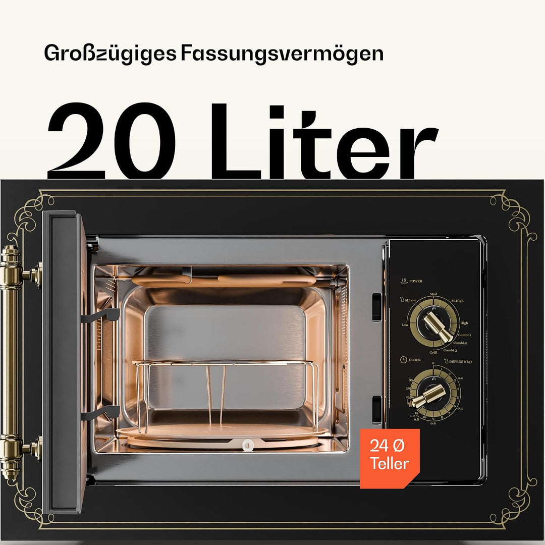 Klarstein Victoria 20 Einbau-Mikrowelle - Retro, 20 L, 800 W Mikrowellen-/1000 W Grillleistung, 3 Ko