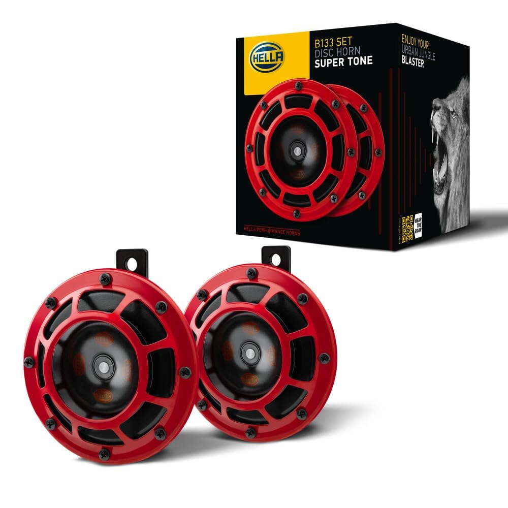 HELLA 3AG 003 399-801 Horn - B133 - 12V - Frequenzbereich: 300/500Hz - Starkton - Gehäusefarbe: rot/