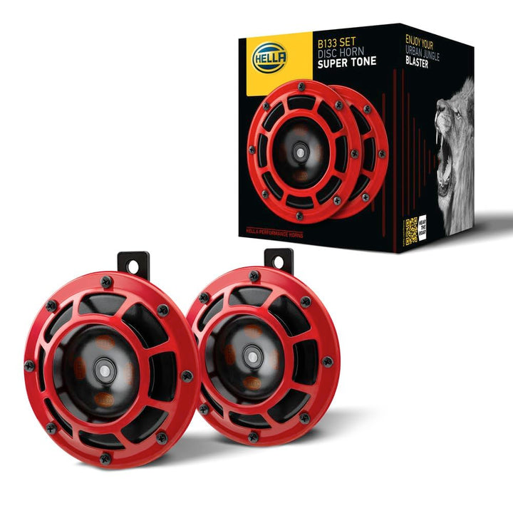 HELLA 3AG 003 399-801 Horn - B133 - 12V - Frequenzbereich: 300/500Hz - Starkton - Gehäusefarbe: rot/