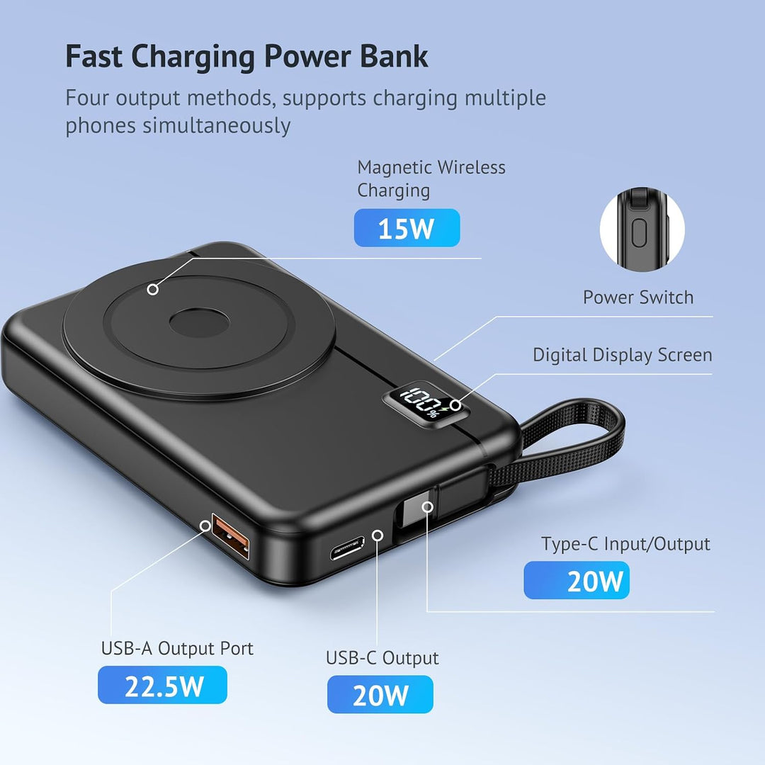 Powerbank für Magsafe10000mAh 22.5W Magnetische - Kabelloses Externe Handyakkus mit Typ-C-Eingang un