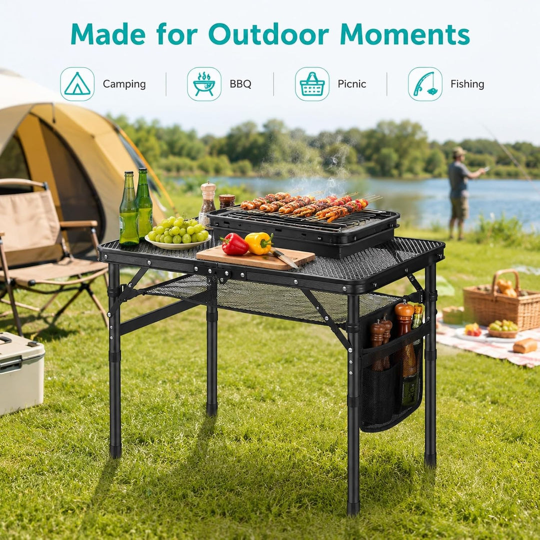 GOOGO Grilltisch Outdoor Klappbar, 60 x 40 x 56 cm, Campingtisch Faltbar mit Erhöhten Beinen und Git