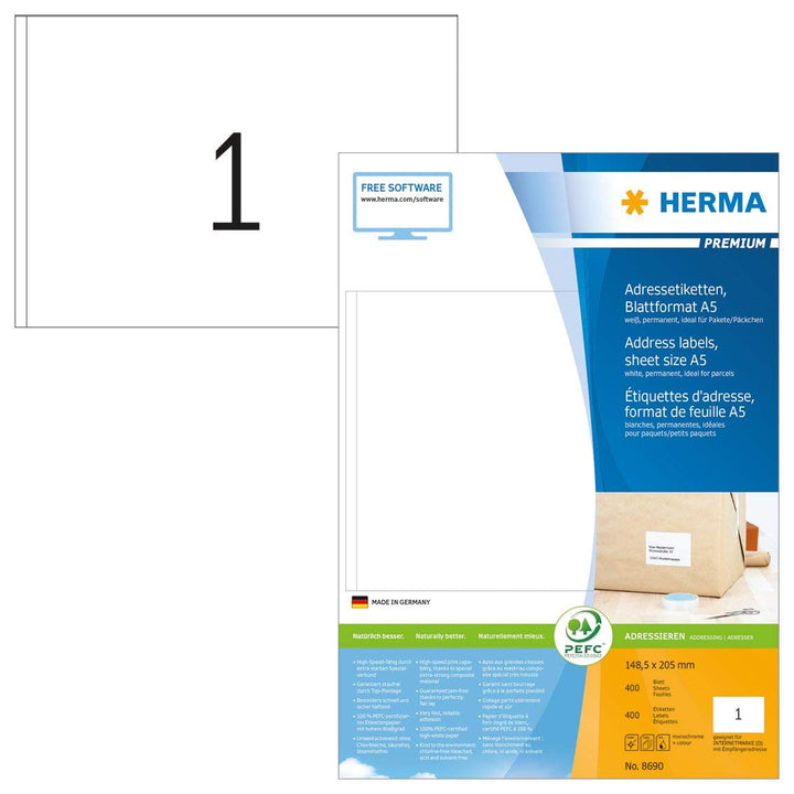 HERMA 8690 Universal Etiketten, 400 Blatt, 148,5 x 205 mm, 1 pro A5 Bogen, 400 Stück, selbstklebend,