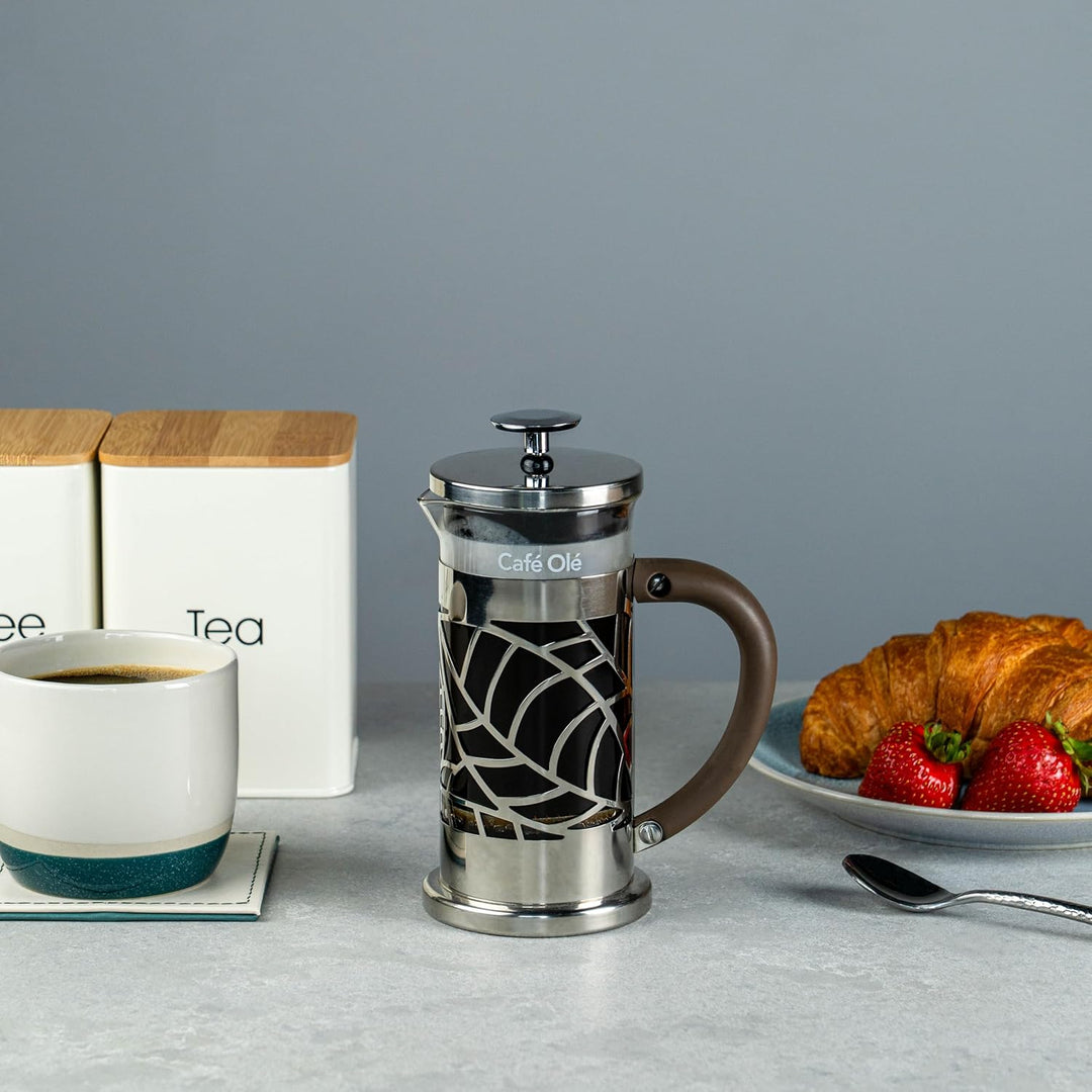 Café Olé Floral Durchsichtiger Kaffeebereiter aus Edelstahl 18/10 und Glas 350 ml 3 Mokkatassen 350m