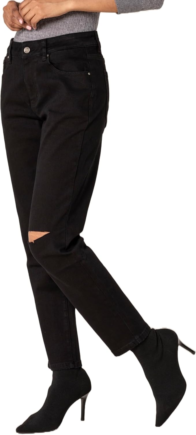 Nina Carter Damen Boyfriend Jeanshosen High Waist MOM Jeans Cutted Knee Used-Look Waschungseffekt XS