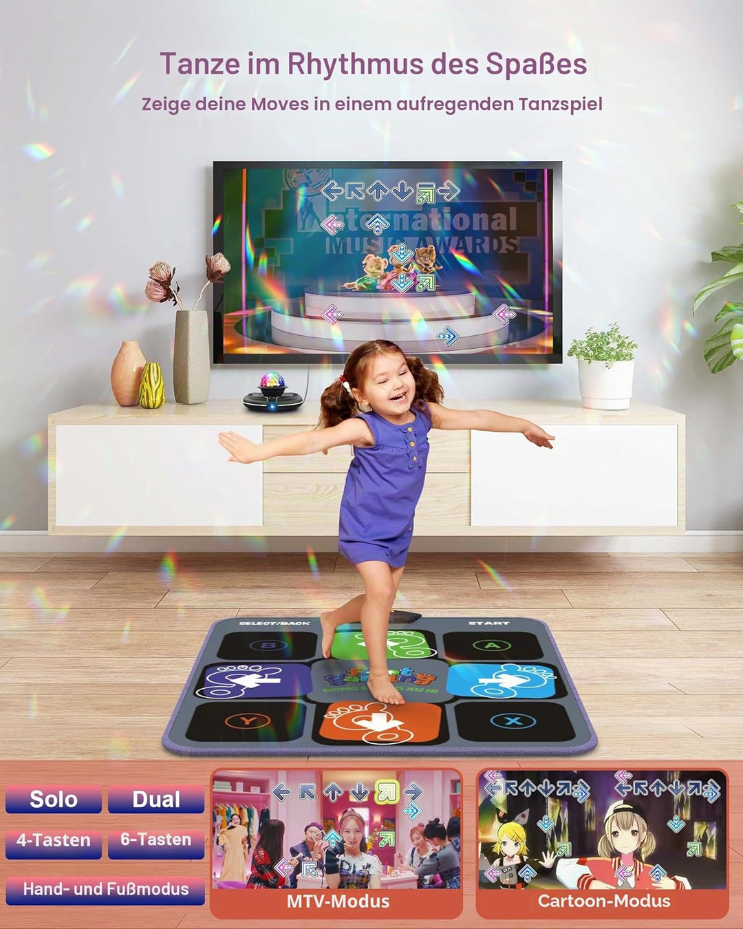 Tanzmatte - Tanzmatten für den TV mit Kamera, rutschfeste Spielmatte mit 2 kabellosen Griffen & bunt
