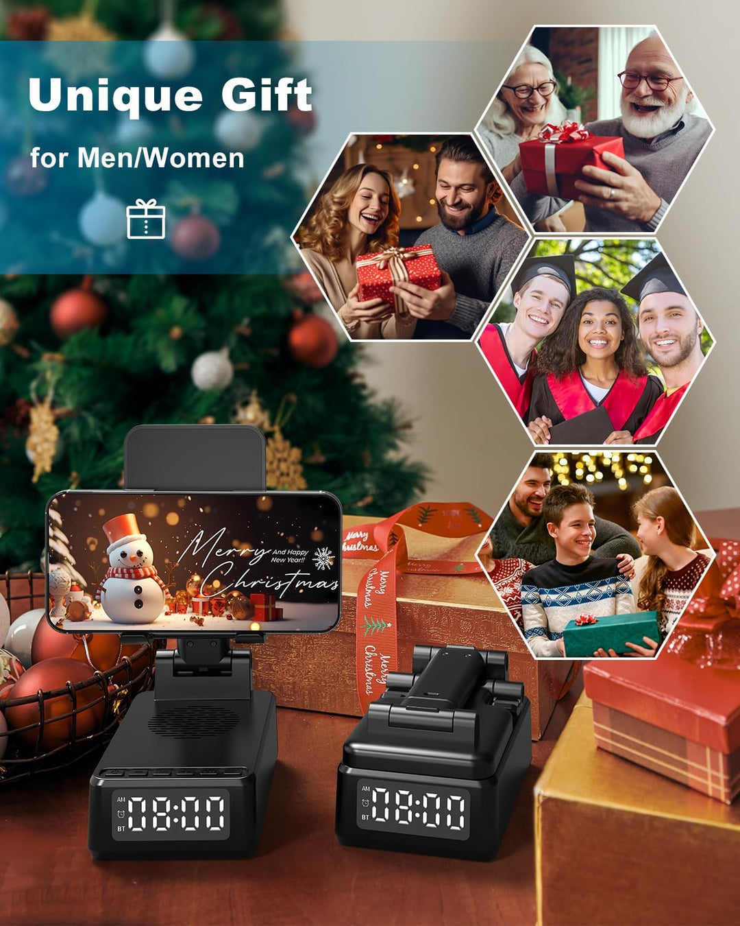 Bluetooth Lautsprecher mit Faltbarer Handyhalterung, 6-in-1 Tragbarer Musikbox, Handy Ständer mit We