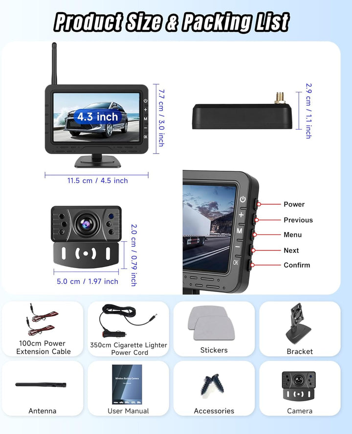 Rückfahrkamera Kabellos mit 4.3-Zoll-HD-IPS-Bildschirm, IP68 Nachtsicht Digital Rückfahrkamera Funk