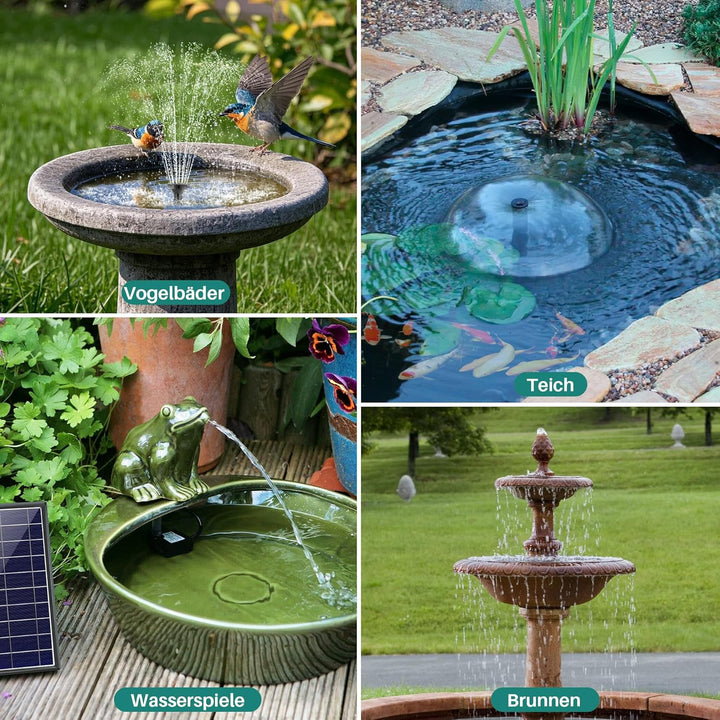 Biling Solar Teichpumpe mit Akku, 8W 300 l/h Leise Solarpumpe mit 8Düsen, Solar Springbrunnen aussen