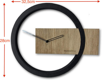 FLEXISTYLE Wanduhr ohne tickgeräusche Holz Eiche Wood Oak 1 Schwarz 32cm, Wohnzimmer, Schlafzimmer,