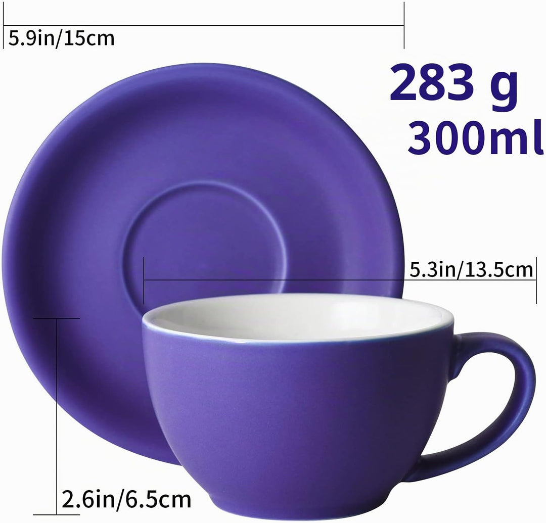 Yundu Latte-Tasse und Untertasse, Porzellan, 294 ml, für Cappuccino, Tee, Café, Mokka, 4 Stück, matt
