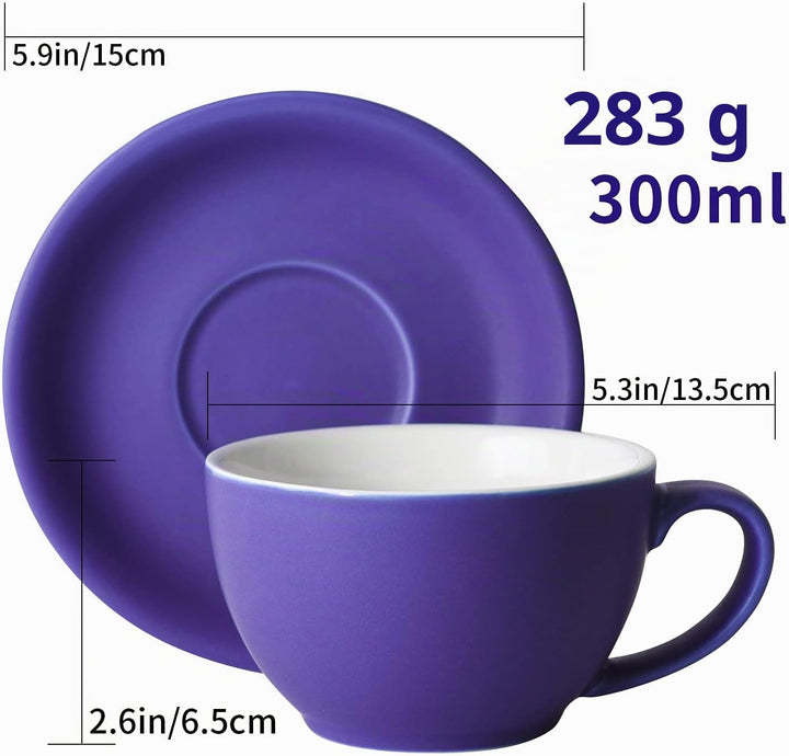 Yundu Latte-Tasse und Untertasse, Porzellan, 294 ml, für Cappuccino, Tee, Café, Mokka, 4 Stück, matt