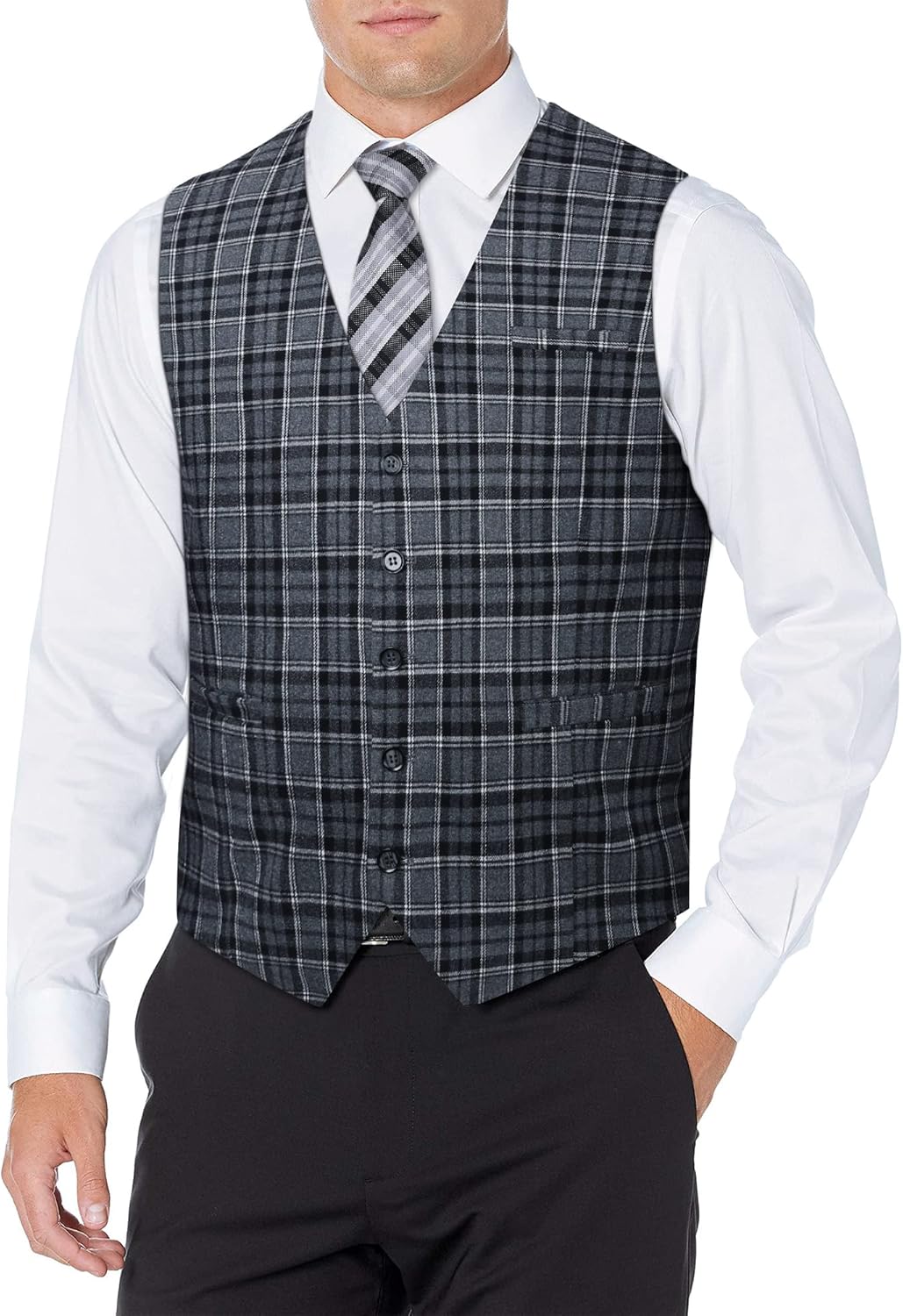 HISDERN Manner Formale Hochzeitsfeier Weste Baumwolle Plaid Kleid Anzug Weste für Herren Schwarz L,