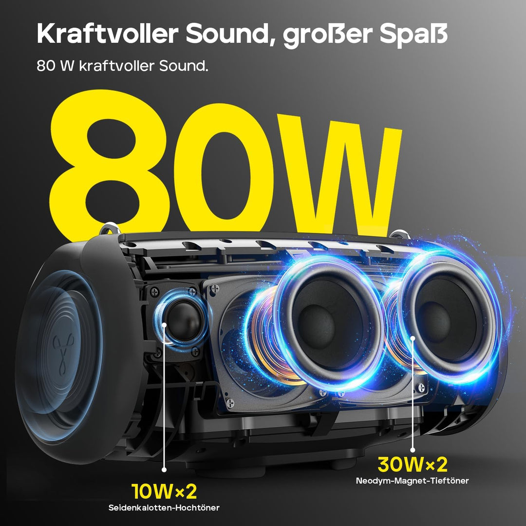 Tribit StormBox Lava Bluetooth Lautsprecher Gross, 80 W Outdoor Lautsprecher – 24 Std., IP67 Wasserd