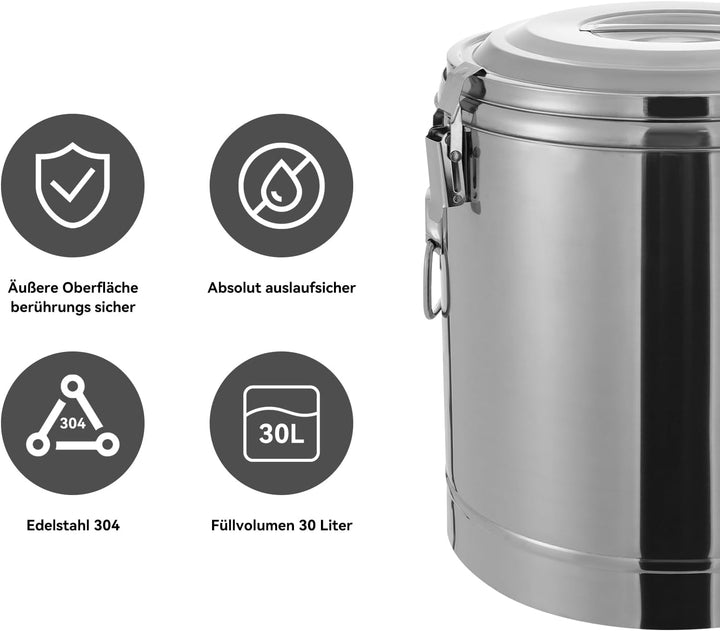 Thermobehälter, 30L Edelstahl Isoliert Eimer, Versiegelter isolierter Suppenbehälter mit Deckel und