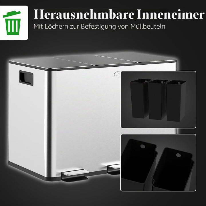 HOMCOM Küchenabfalleimer 3 x 10 l, Abfalltrennsystem aus Edelstahl, 3 Fächer, Pedal, herausnehmbare
