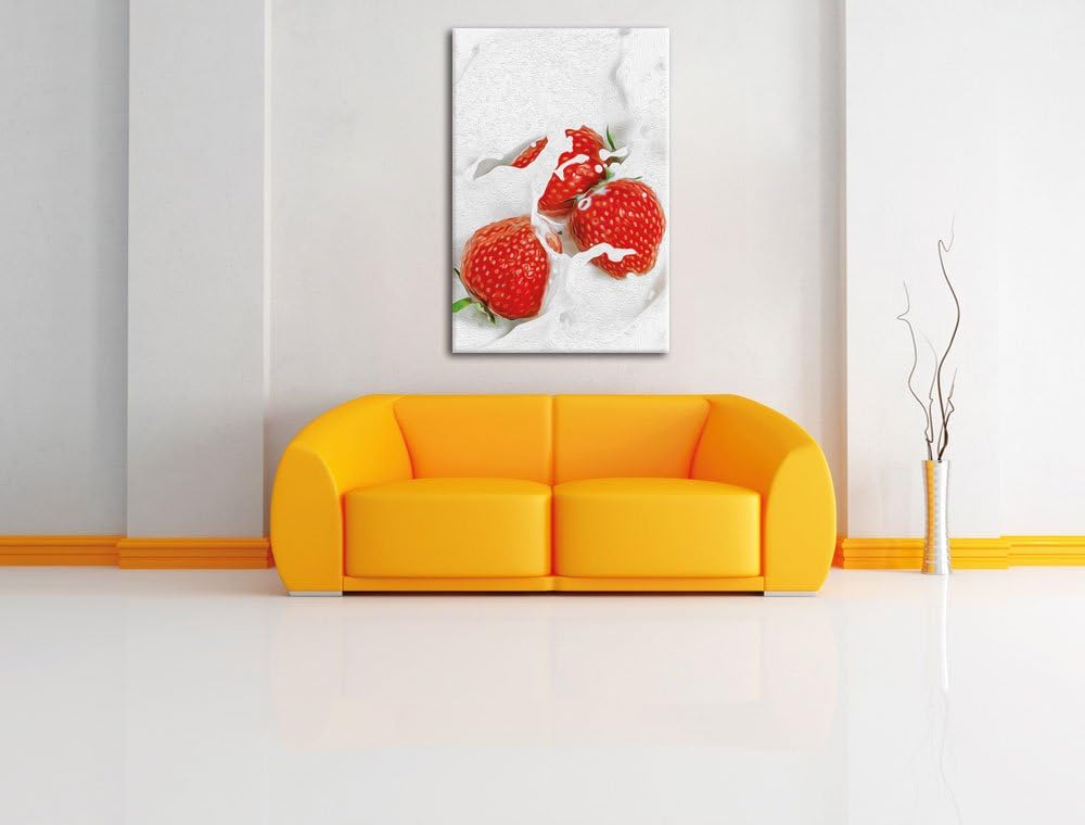 Pixxprint leckere Erdbeeren Schwimmen in Milch als Leinwandbild/Grösse: 120x80 cm/Wandbild/Kunstdruc