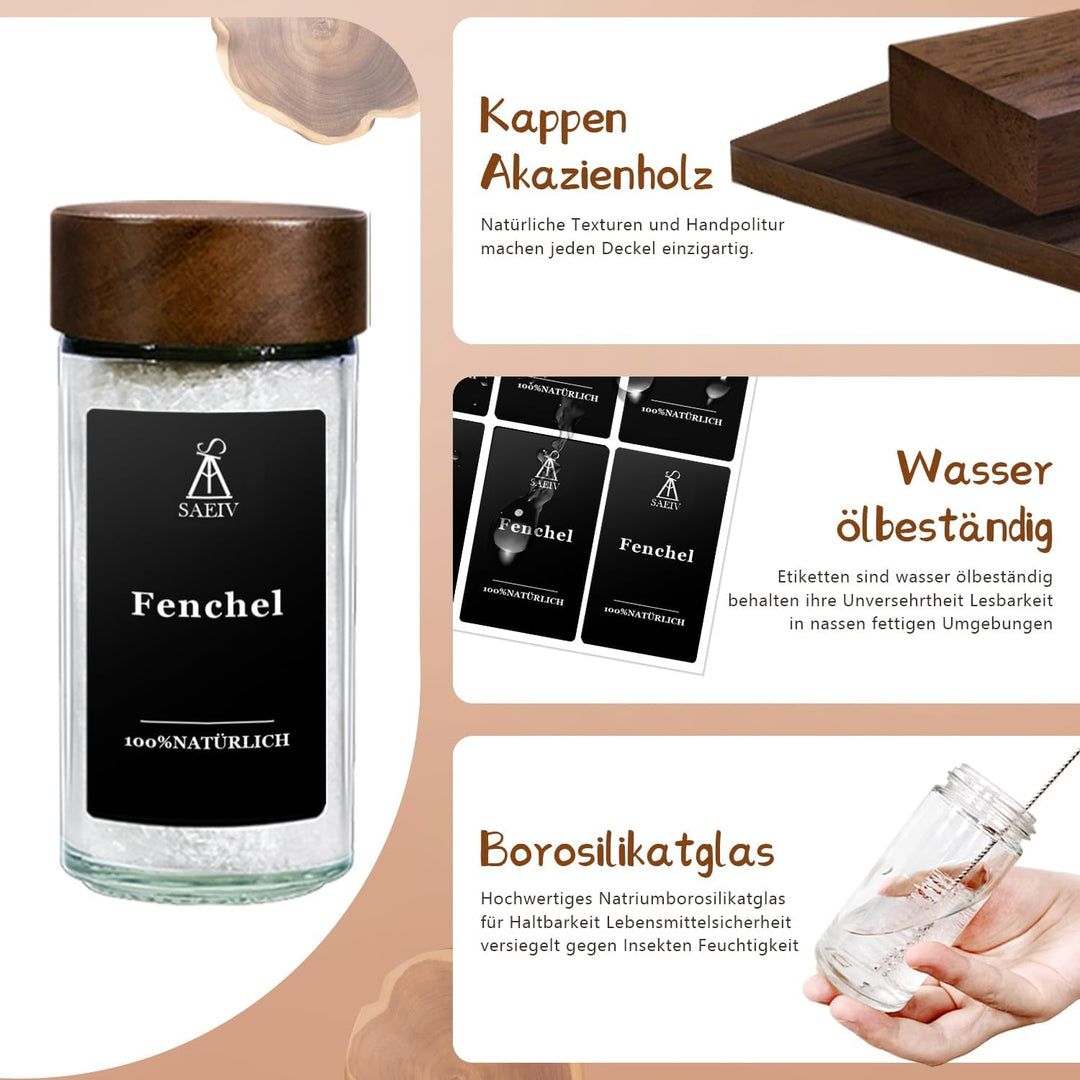 SAEIV Umweltfreundlicher Kappen aus Akazienholz Gewürzgläser orbicular -Set | 12 Gewürzdosen Mit 180