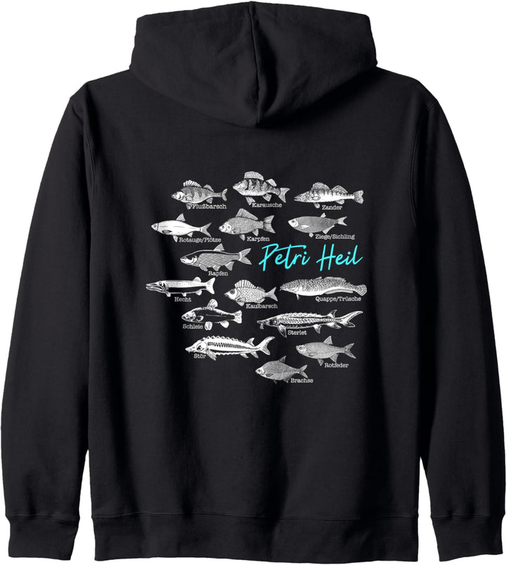 Angler Design mit diversen Fischarten Petri Heil für Fischer Kapuzenjacke