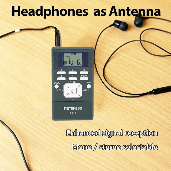 Retekess PR13 FM Radio Batteriebetrieben,FM Empfänger mit Kopfhörer,Stereo,Digitaluhr,Clip,2 AAA Bat