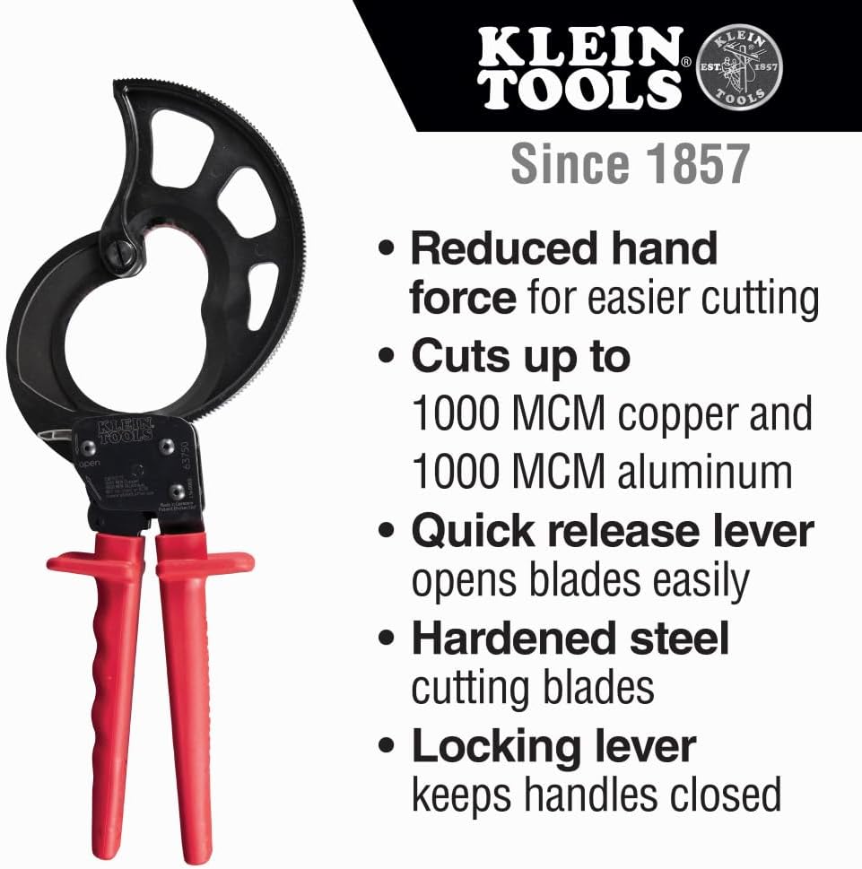 Klein Tools Kabelschneider, Ratschen-Kabelschneider, schneidet bis zu 1000 MCM, ideal für die Kabelv