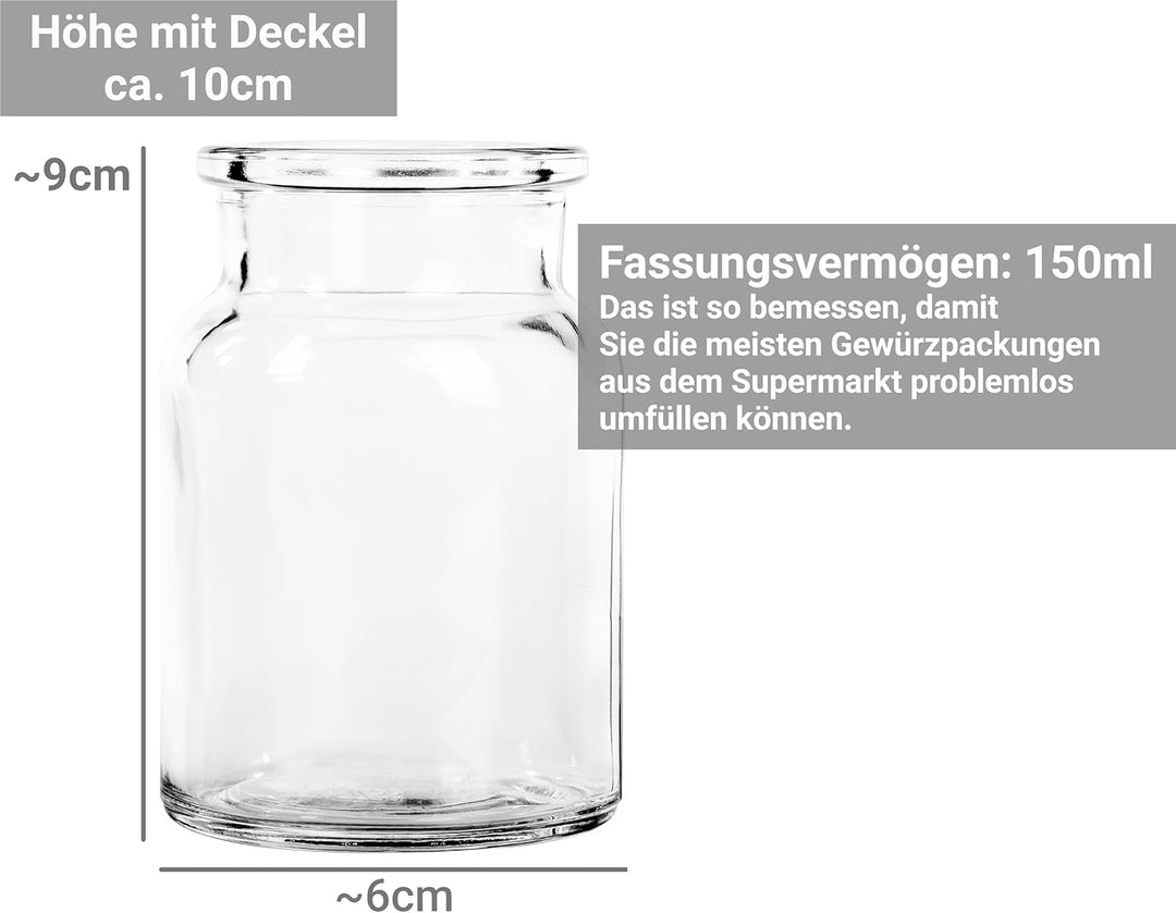Gewürzgläser Set mit 15x VOLLHOLZ Deckel (ohne Leim) und 15x 150ml Gewürzbehälter (dickes Glas) Gewü