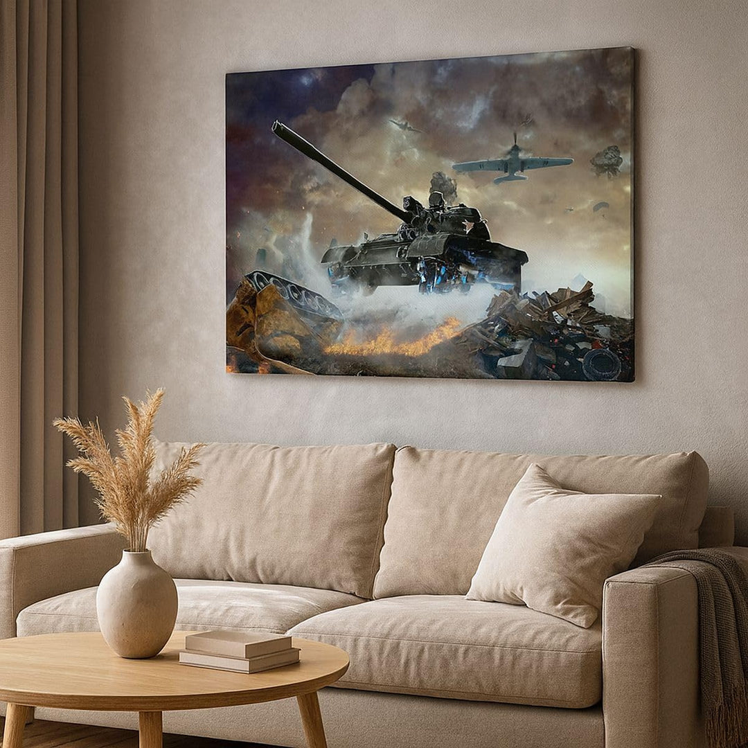 Bilder auf Leinwand 100x70cm Leinwandbild Krieg Panzer Airplain Schlacht Gross Wanddeko Bild Schlafz