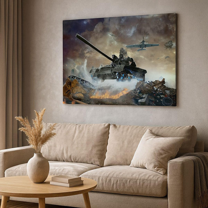 Bilder auf Leinwand 100x70cm Leinwandbild Krieg Panzer Airplain Schlacht Gross Wanddeko Bild Schlafz