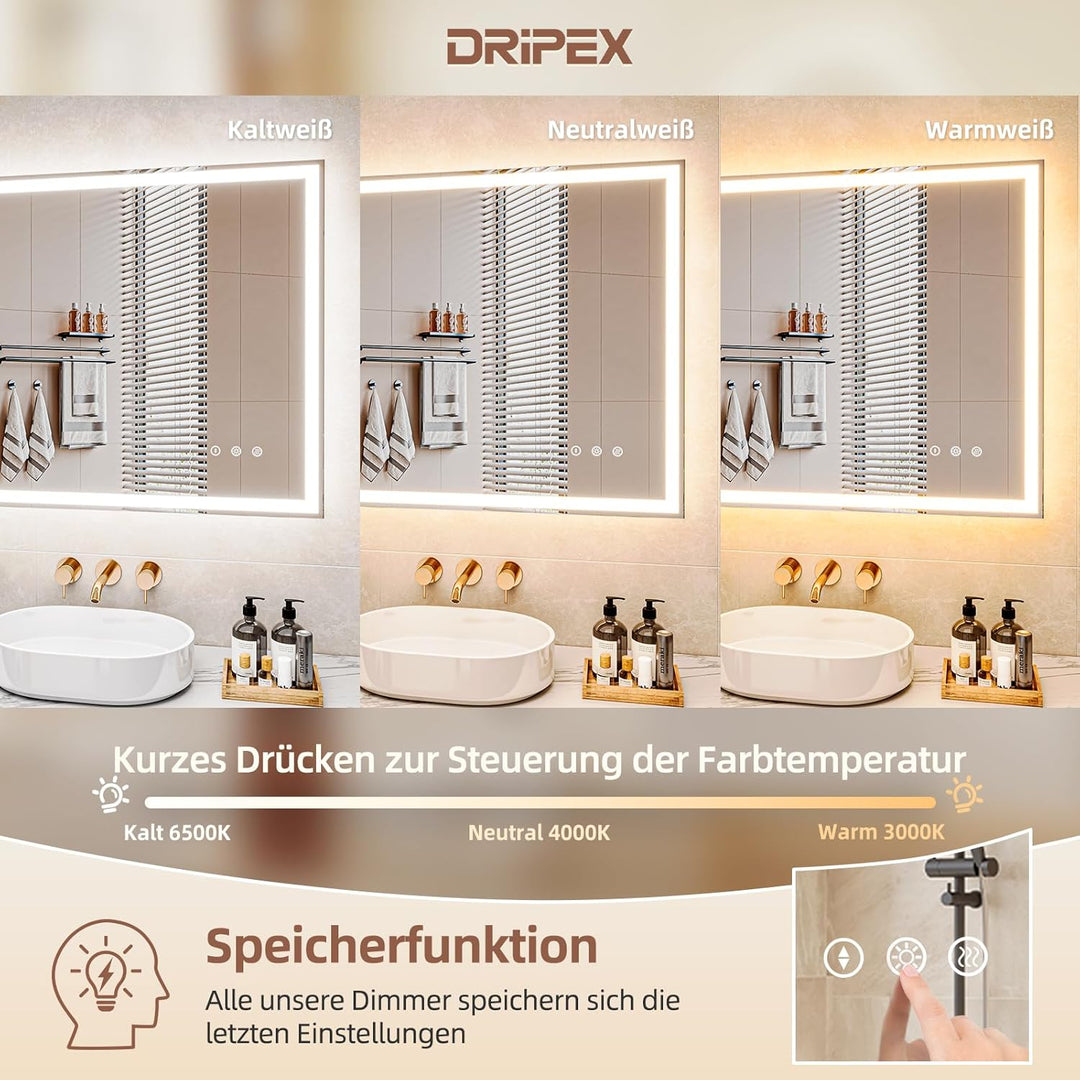 Badezimmerspiegel Led Badspiegel, Speicherfunktion, Touch-Schalter, Druckknopf, Dimmbar, 3 Lichtfarb