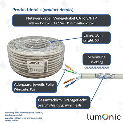Lumonic 50m Netzwerkkabel CAT 6 S/FTP PIMF I Cat6-Kabel, Gigabit Lan Kabel, Ethernet Kabel I Flexibl