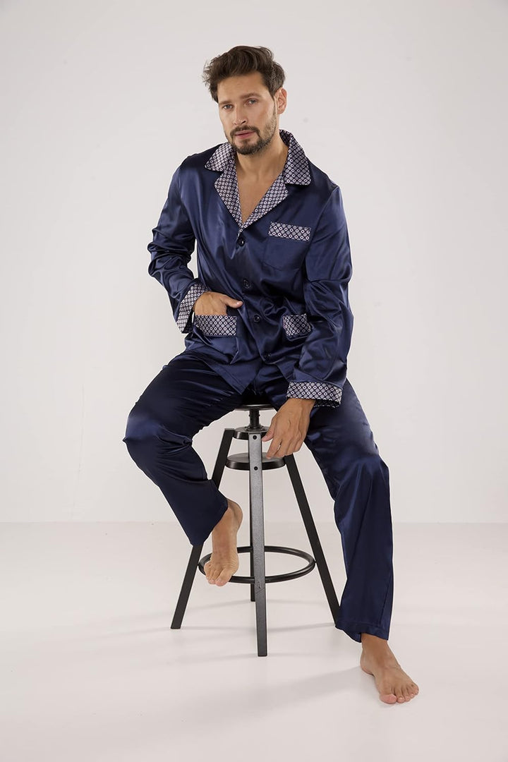 edler und hochwertiger Satin-Pyjama Herren-Schlafanzug Hausanzug, M Marine