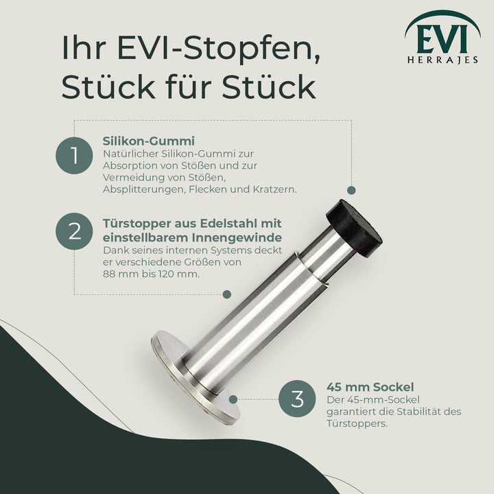 EVI HERRAJES Verstellbarer Türstopper aus Messing, Dual-Installation (Schwarzer Gummi), Schwarzer Gu