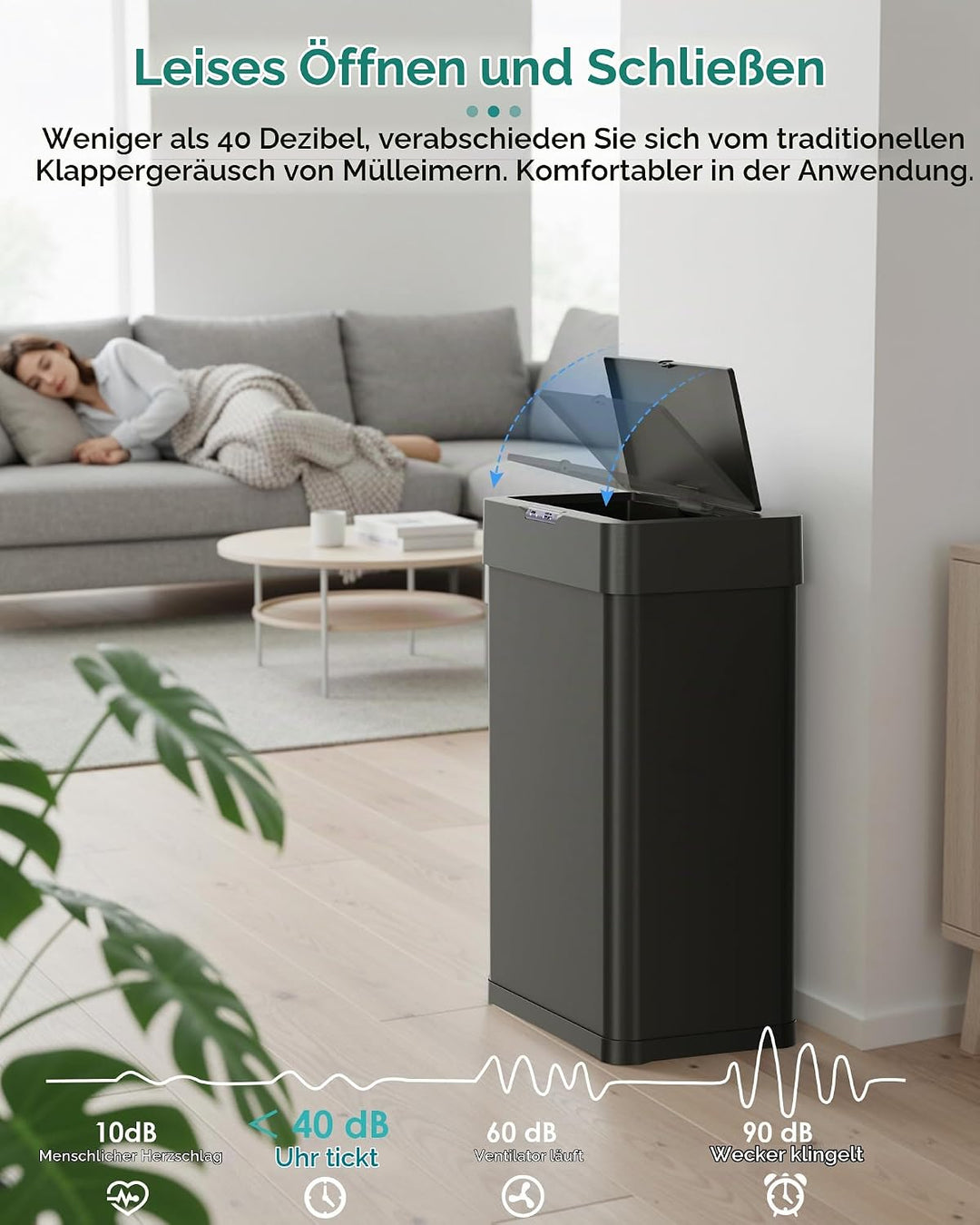 LIFERUN Mülleimer mit Sensor, Mülleimer Küche 60 Liter, Elektrisch Deckel mit Klemmring für Müllbeut