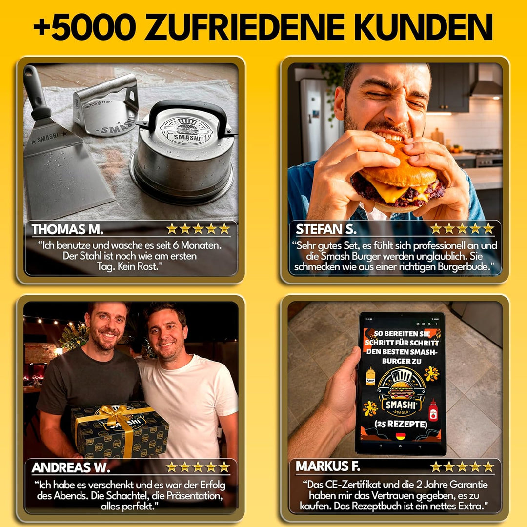SMASHI® Smash Burger Set Professionell aus Edelstahl 304 – Burgerpresse, Grillspachtel & Burgerglock