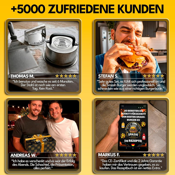 SMASHI® Smash Burger Set Professionell aus Edelstahl 304 – Burgerpresse, Grillspachtel & Burgerglock