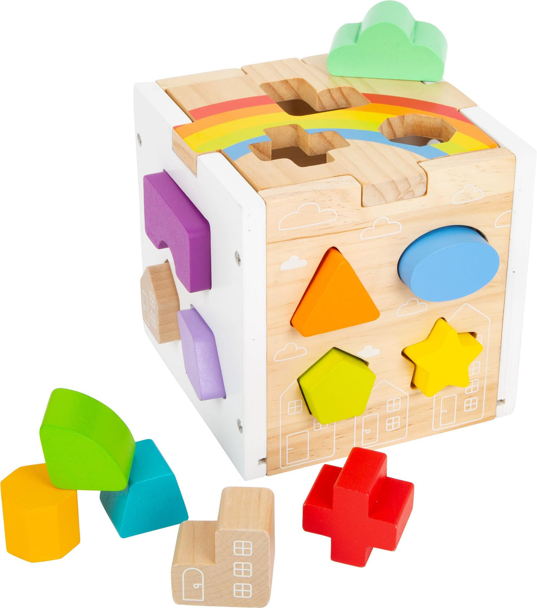 Small Foot Steckwürfel Regenbogen, 13 unterschiedlich geformte Steckelemente aus Holz, ab 12 Monaten