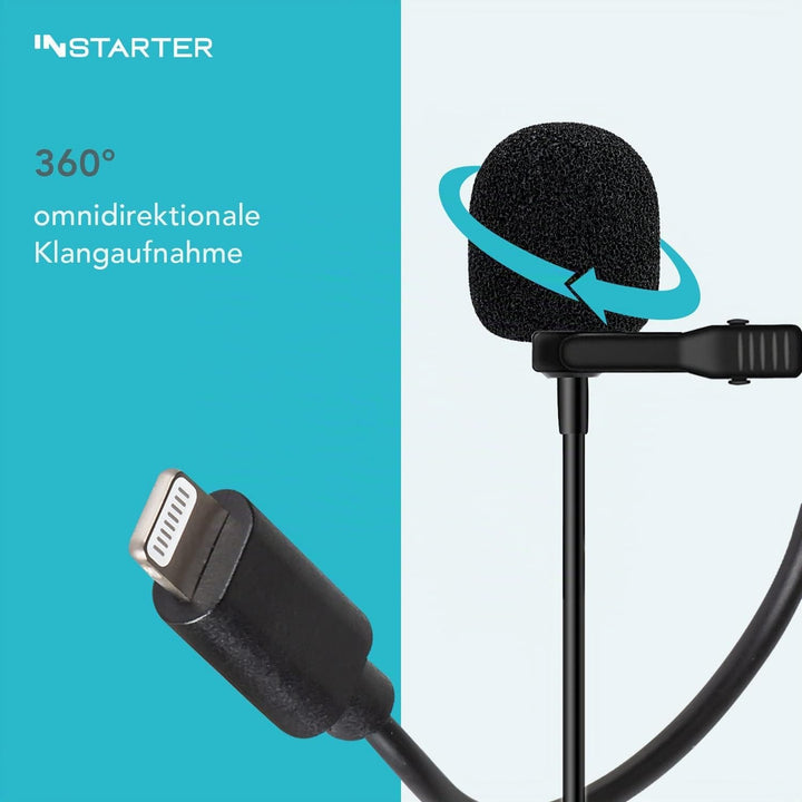 Instarter Lavalier-Ansteckmikrofon (6m Kabel) mit Windschutz & Tasche I kompatibel mit Apple-Geräten