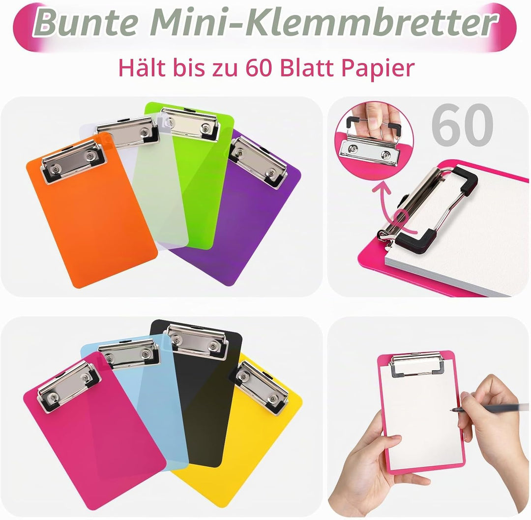 16 Stück Mini Klemmbretter 10x15cm, Farbige Kunststoff Schreibbrett Klemmbrett mit Metalklemme und A