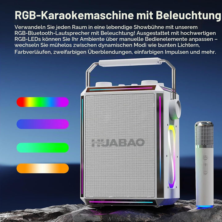 Tragbarer Bluetooth-Karaoke-Lautsprecher mit 2 kabellosen Mikrofonen, RGB-Beleuchtung, Höhen- und Ba