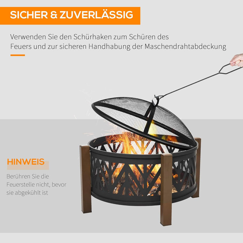 Outsunny 2-in-1 Feuerschale Feuerkorb Feuerstelle mit Funkenschutz Grillrost Garten BBQ Schwarz+Brau