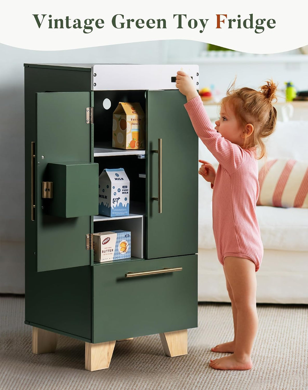 ROBUD Kinderküche + Spielkühlschrank Holz, Spielküche Kinder Küche mit Vorgetäuschtem Eiswürfelspend