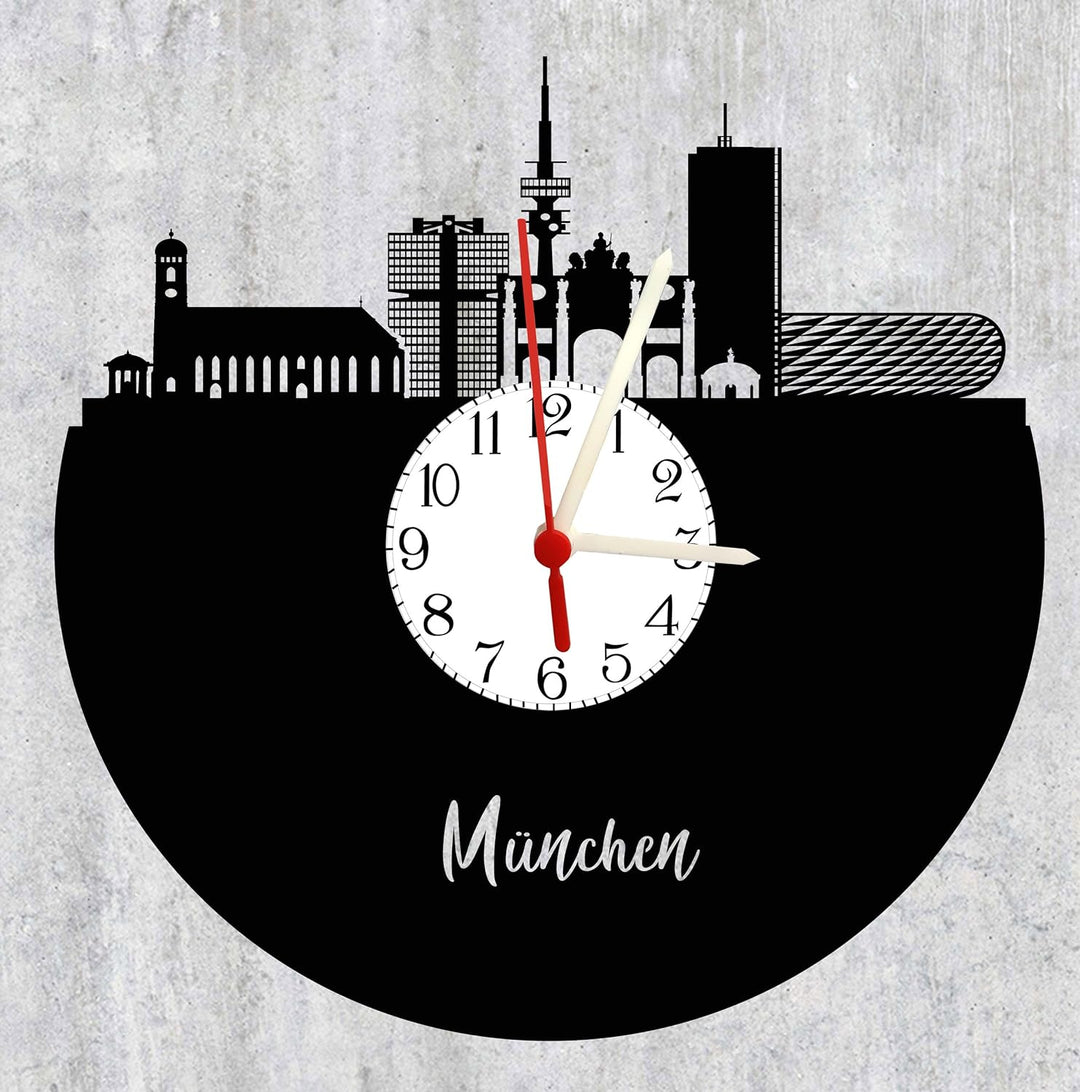 Wanduhr München Skyline mit Ziffernblatt, hochwertige Acrylglas Uhr mit lautlosem Quarzwerk, 3mm Stä