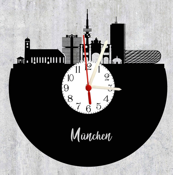 Wanduhr München Skyline mit Ziffernblatt, hochwertige Acrylglas Uhr mit lautlosem Quarzwerk, 3mm Stä