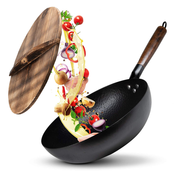 Wokpfanne + Abdeckung für jeden Herd (32 cm gross) handgehämmerte Wok Pfanne aus Karbonstahl mit Hol