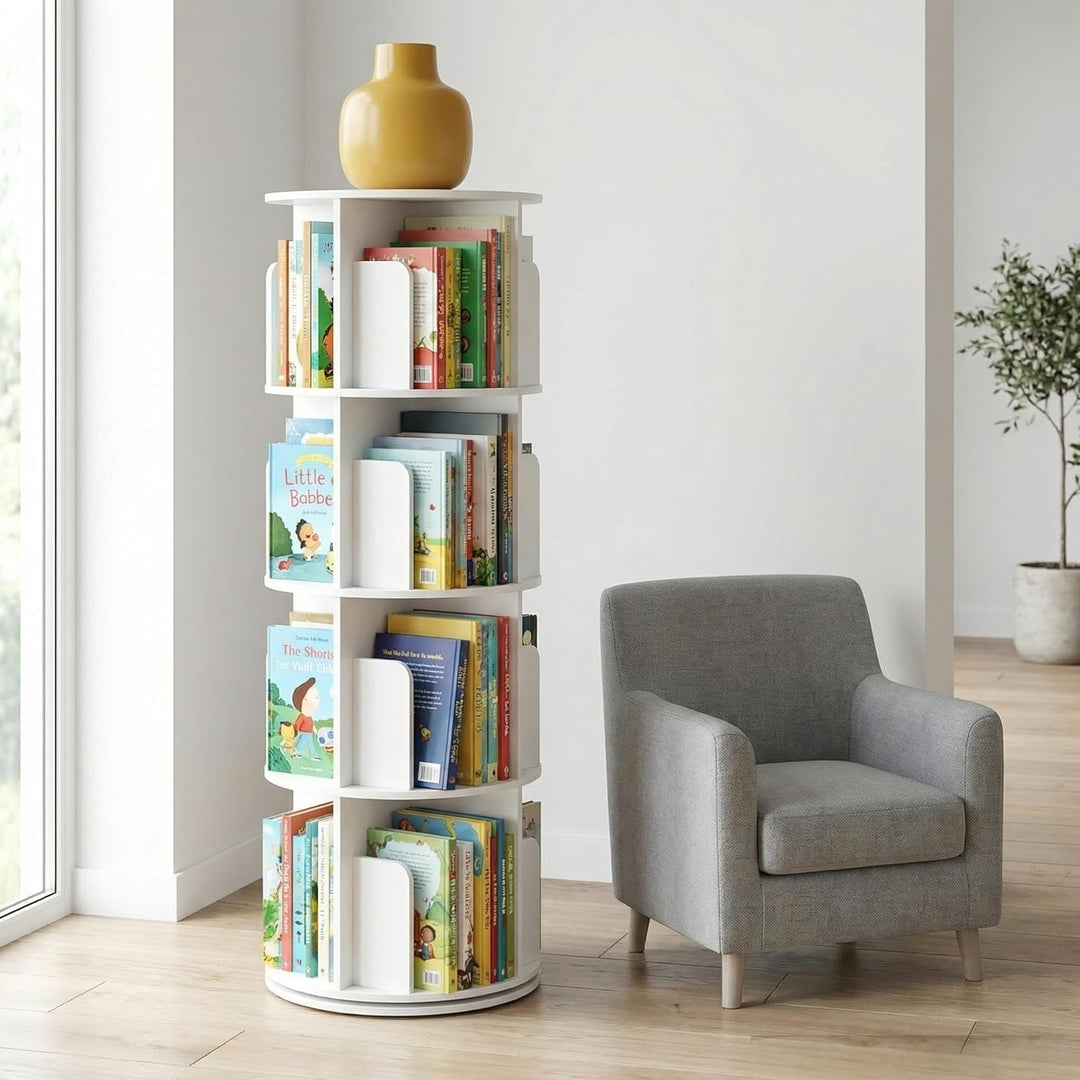 Drehbares Bücherregal Kinder, 360° Drehbar, 4 Ebenen, Spielzeugregal, Kinder Regal geeignet für Kind