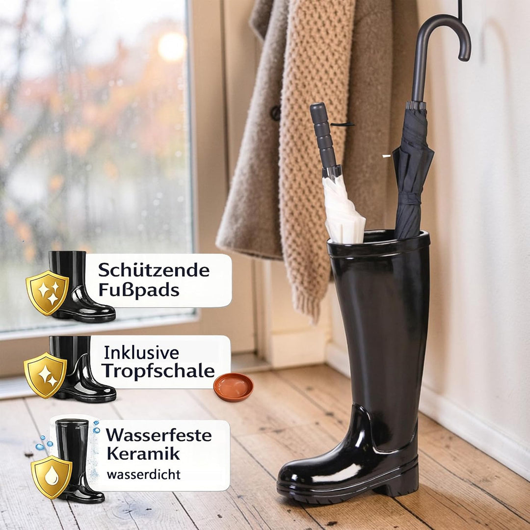 Casablanca Deko Gummistiefel Schirmständer aus Keramik mit Wasserauffangschale - Regenschirmständer