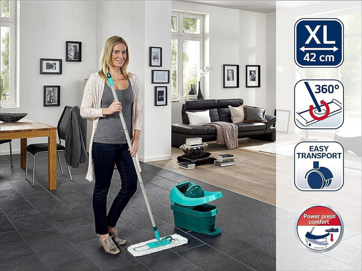 Leifheit Set Wischtuchpresse Profi XL mit Bodenwischer 146cm und Rollen, 1x Mikrofaser Bezug für all