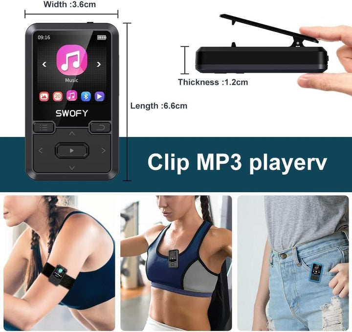 SWOFY MP3 Player Bluetooth 5.0 mit Sport Clip, 32GB Tragbarer Mini Musik Player mit Kopfhörer, FM Ra