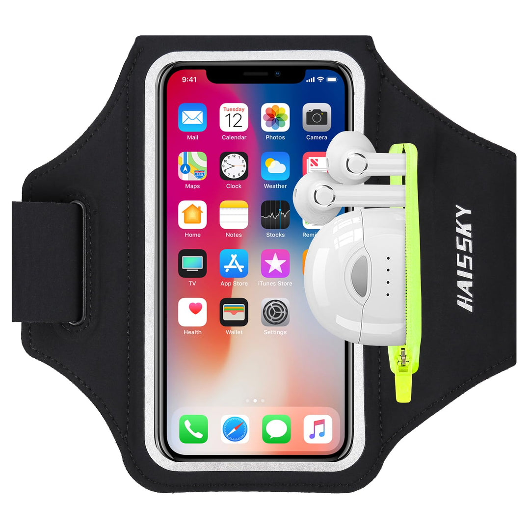 HAISSKY Sportarmband Mit Kopfhörer Tasche Sportarmband Handytasche Sport für iPhone 15 Pro Max/14 Pr
