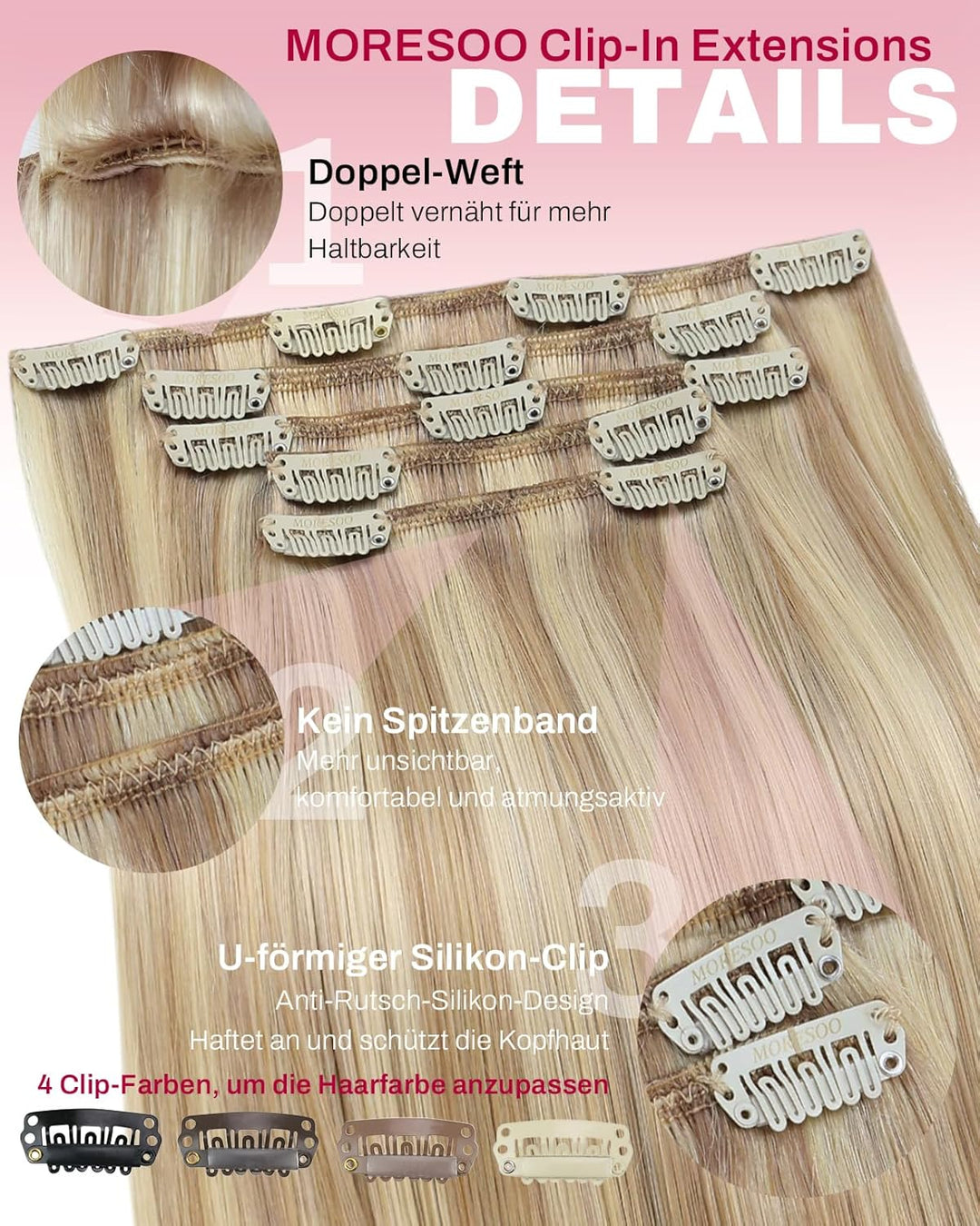 Moresoo Clip in Extensions Echthaar Blond Extensions Clip Echthaar Remy Goldblond mit Mittelblond Ha